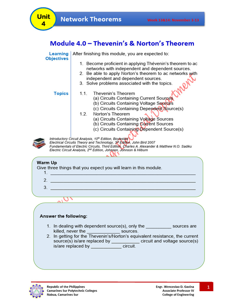 Thevenin's and Norton's Theorems Guide | PDF | Electrical Network ...