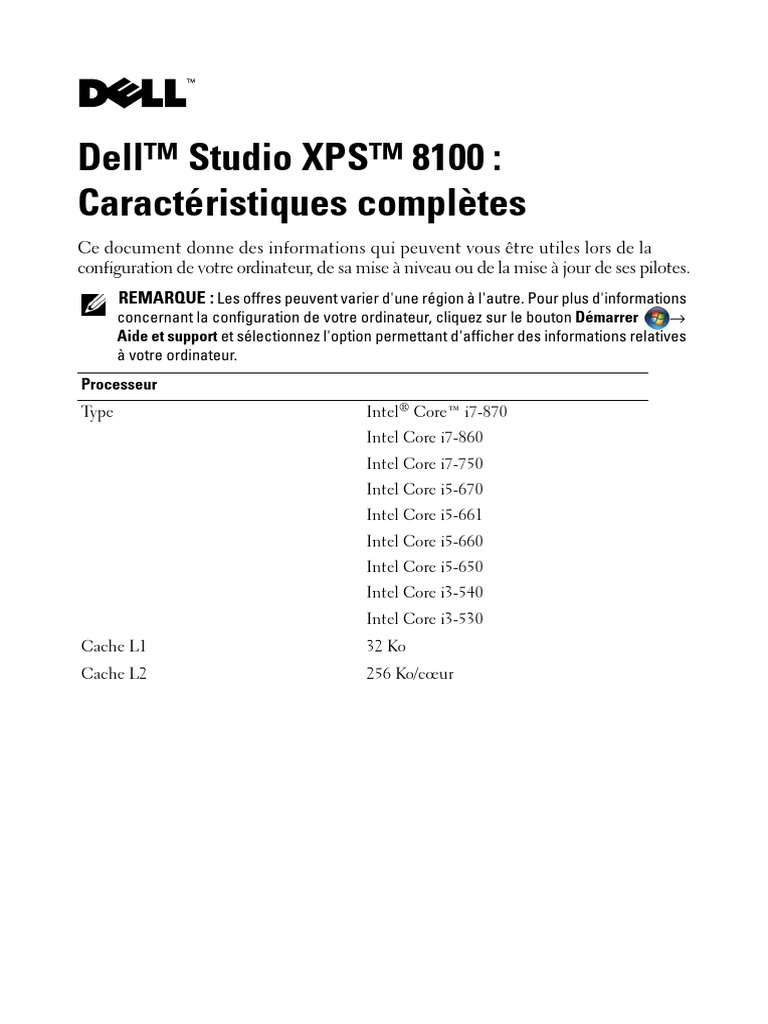 Composition DELL Studio SPX 8100 | PDF | USB | Matériel informatique