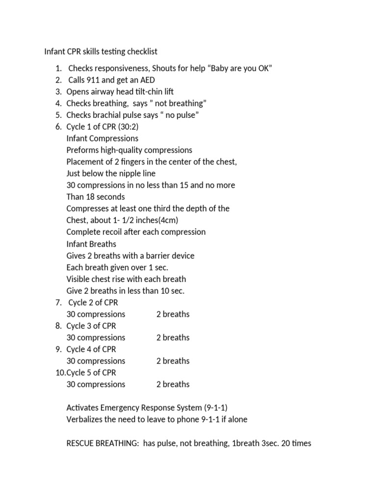Infant CPR Skills Testing Checklist | PDF