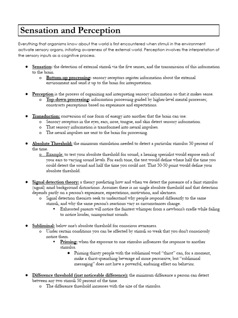 Sensation and Perception Overview | PDF | Senses | Perception