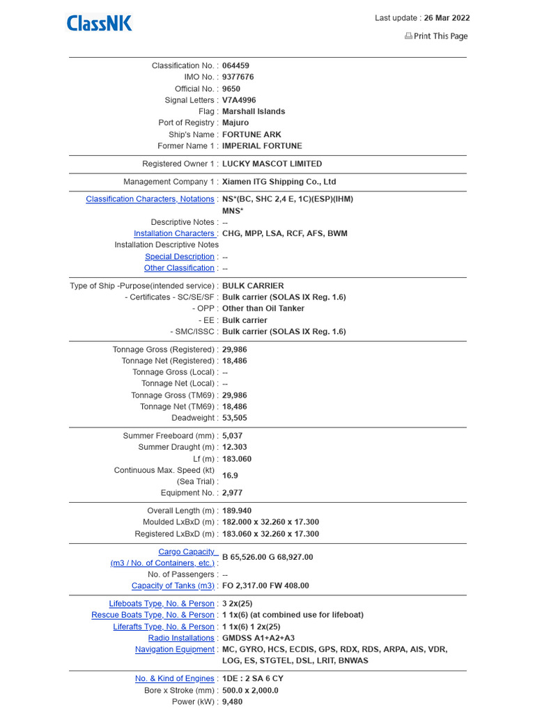 Classnk Register of Ships - M - S Fortune Ark (Cno.064459 ...