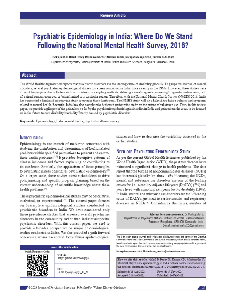 Psychiatric Epidemiology in India Where Do We.6 | PDF | Mental Disorder ...