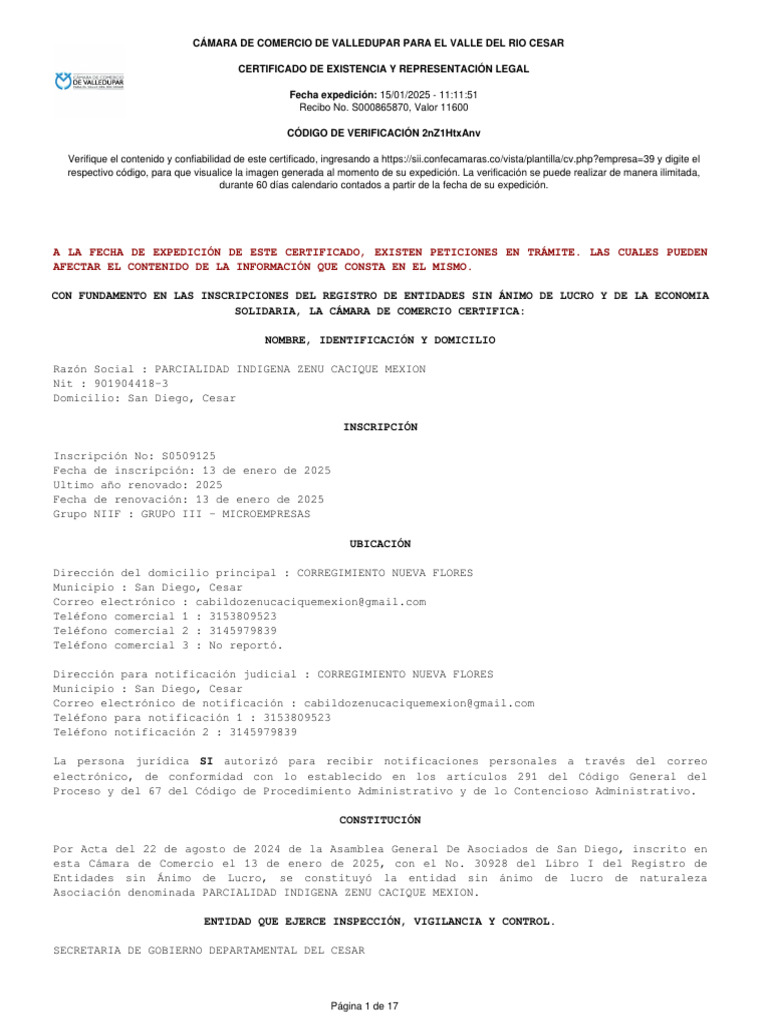 Certificado de Existencia y Representación Legal Parcialidad Indígena ...