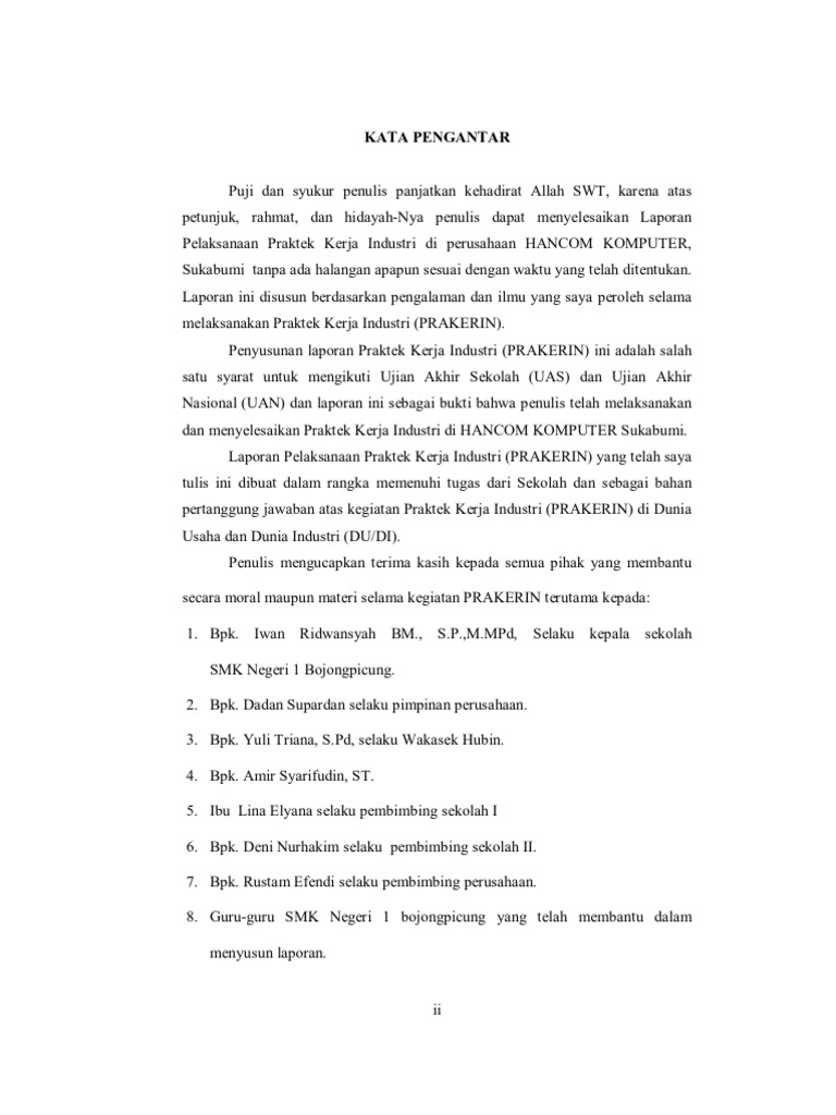 kata pengantar laporan prakerin