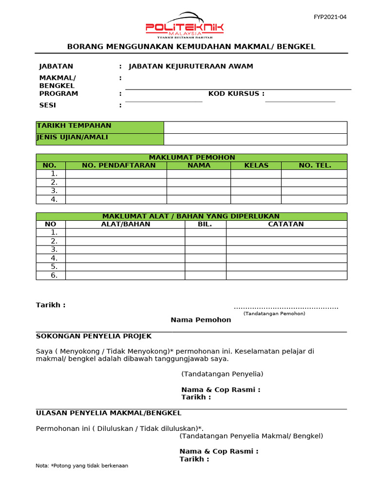 Fyp2021-04-Borang Permohonan Penggunaan Makmal 16112021 | PDF