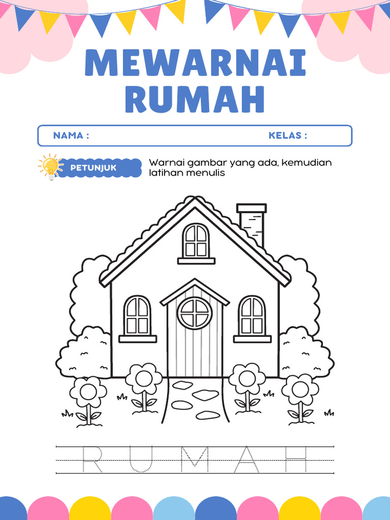 Mewarnai Gambar Rumah Anak TK Lembar Kerja Putih Sederhana | PDF