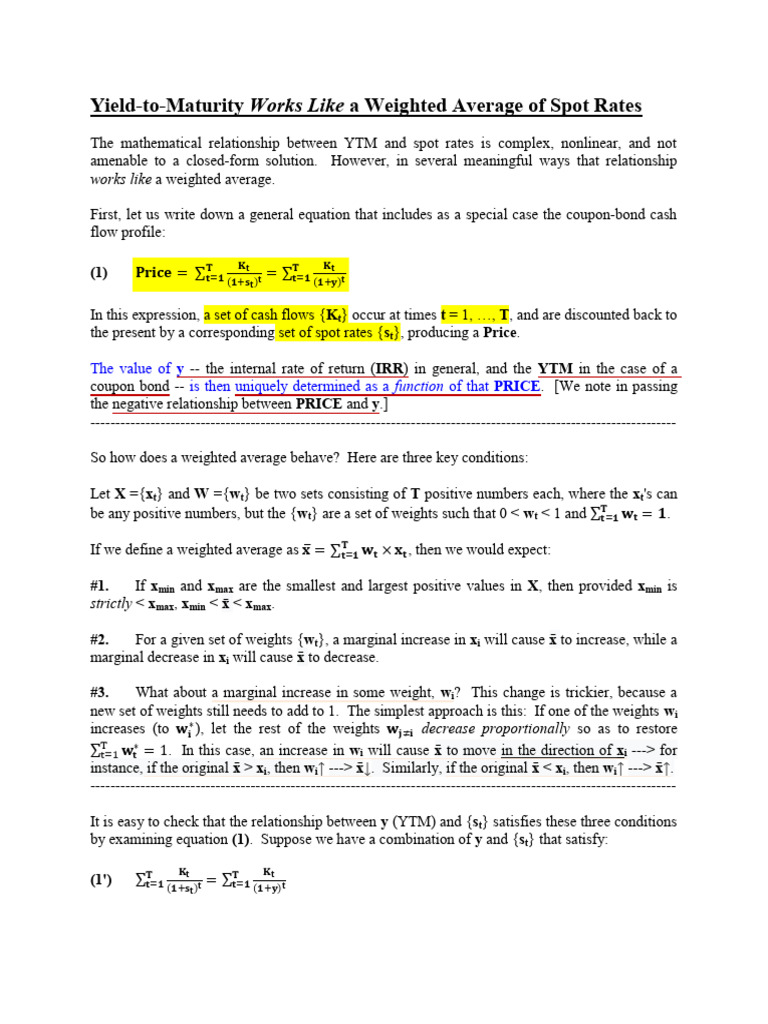 YTM Works Like A WGHTD Avg of Spot Rates | PDF | Mathematics
