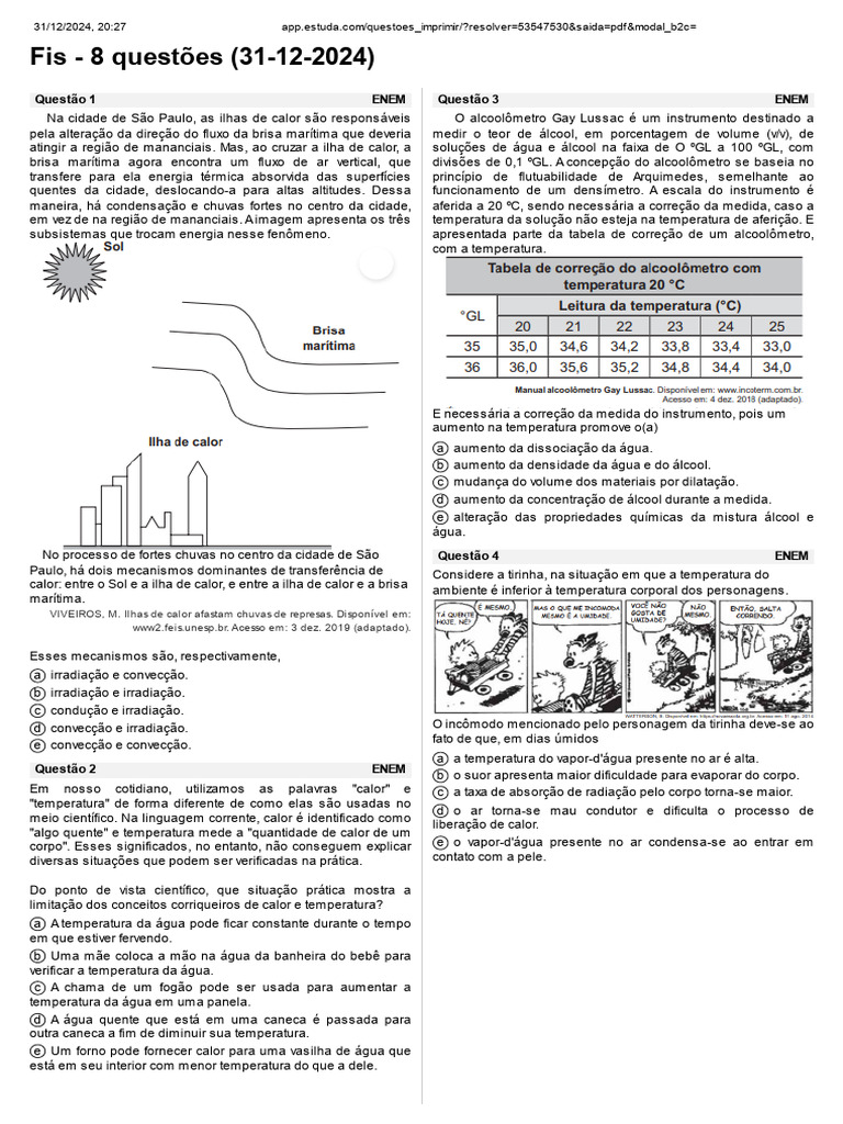 Questões de Física para o ENEM 2024 | PDF | Calor | Umidade