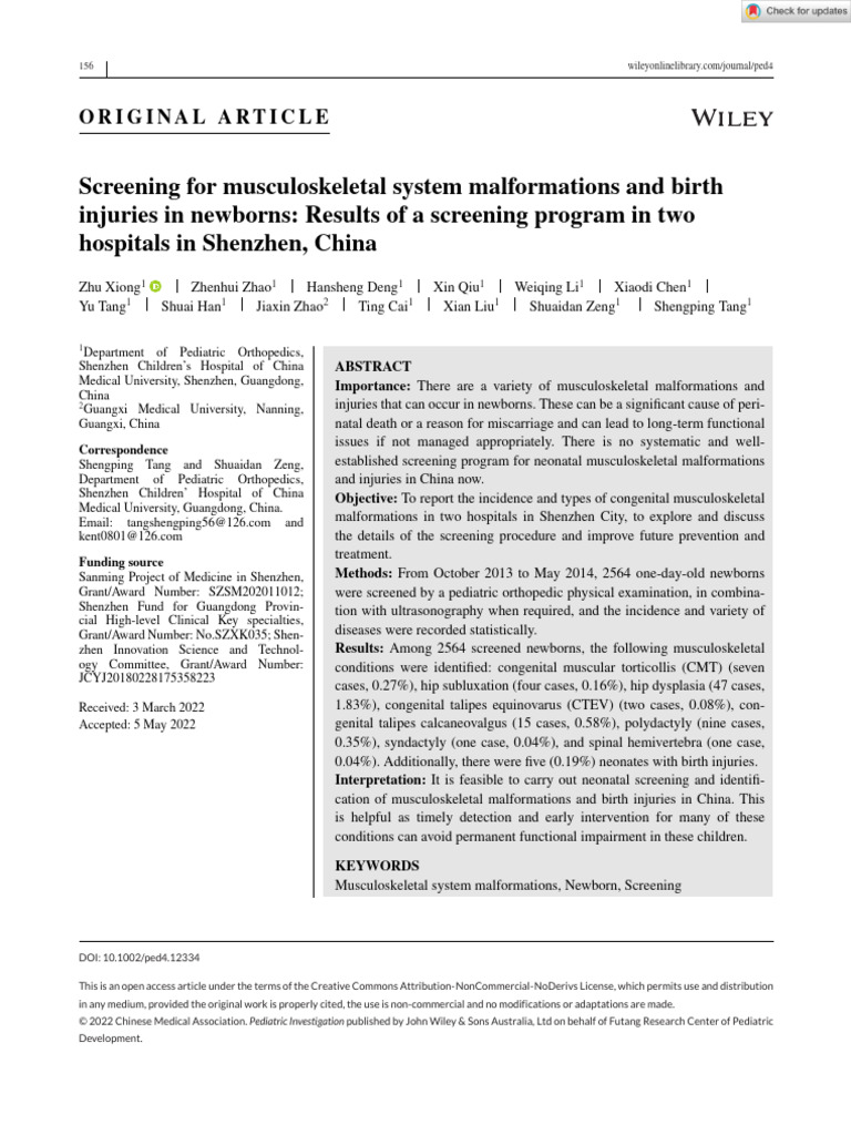 Screening For Musculoskeletal System Malformations and Birth Injuries ...