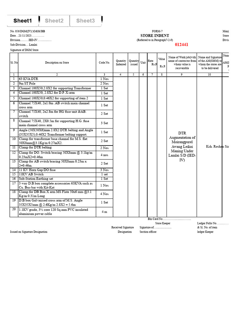 Store Indent Form for Electrical Materials | PDF | Electrical ...