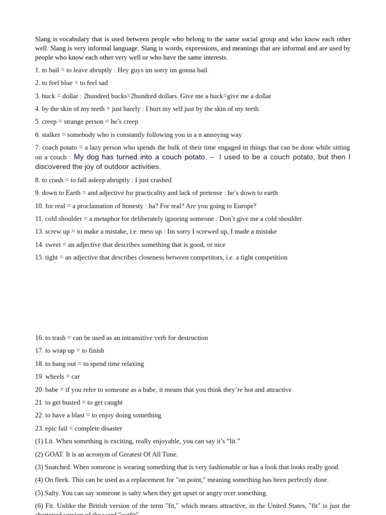 Common Slang Words and Their Meanings | PDF | Linguistics | Grammar