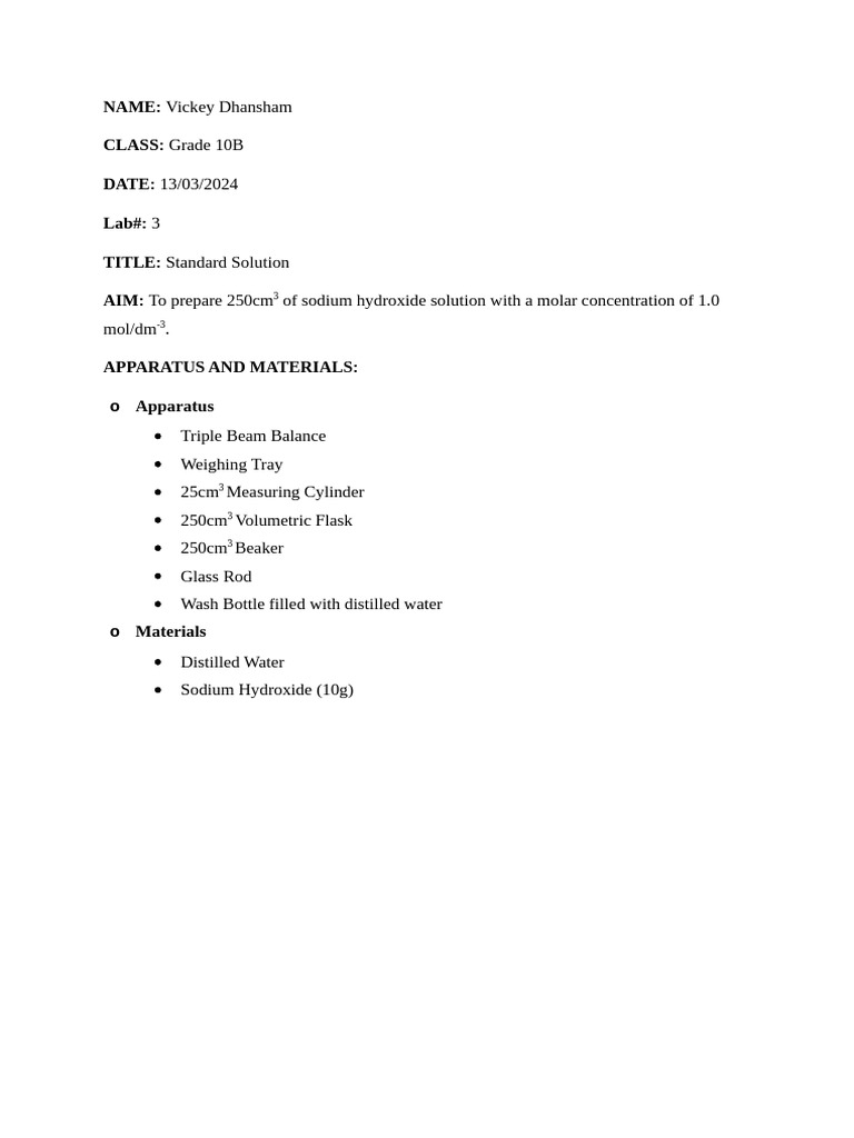 Preparing 1.0 M Sodium Hydroxide Solution | PDF | Sodium Hydroxide ...