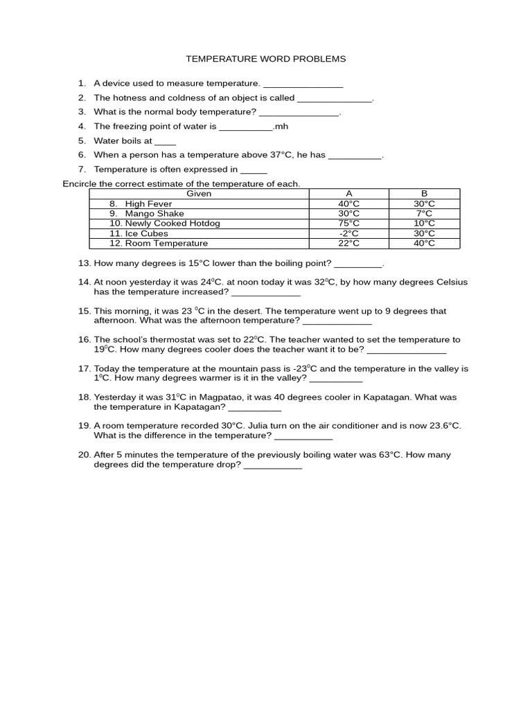 Temperature Word Problems | PDF