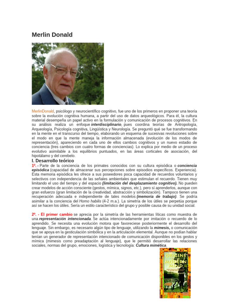 Evolución Cognitiva según Merlin Donald | PDF | Memoria | Evolución
