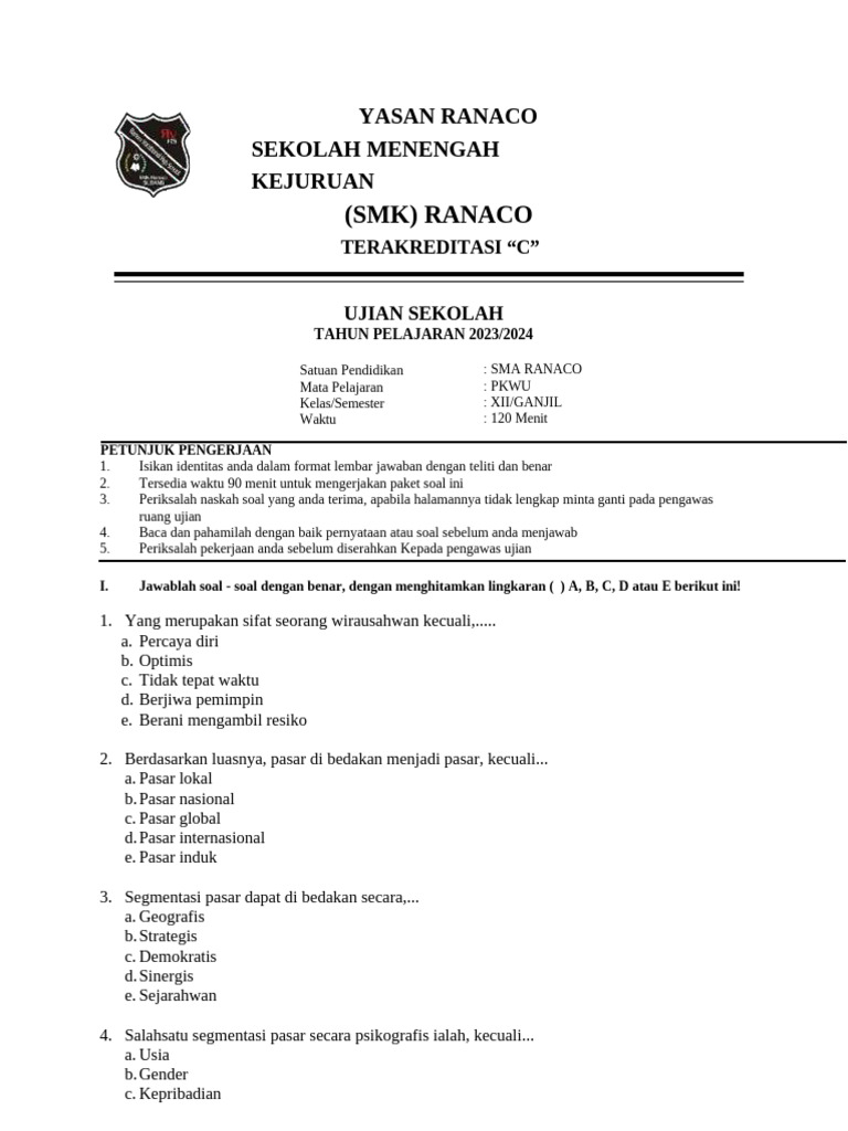 Soal Uas Pkwu Xii Ta 2024-2025 | PDF