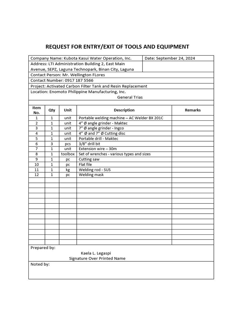 Request For Entry Exit of Tools and Equipment | PDF