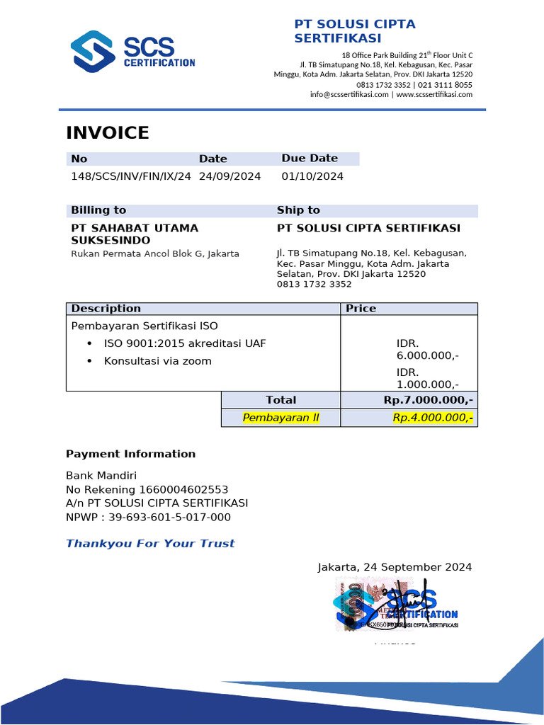 Invoice Pembayaran Sertifikasi ISO | PDF