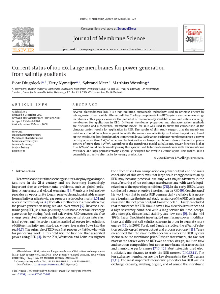 Current Status of Ion Exchange Membranes For Power Generation From ...