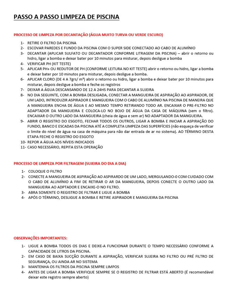 Limpeza de Piscina: Passo a Passo | PDF | Piscina