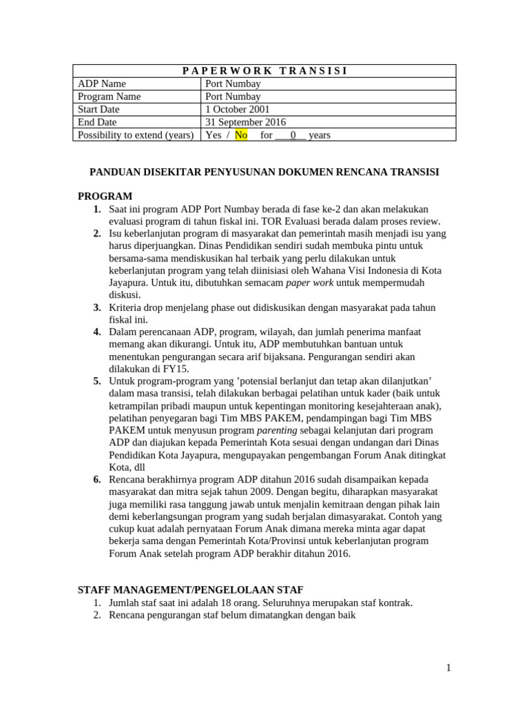 Rencana Transisi Program ADP Port Numbay | PDF