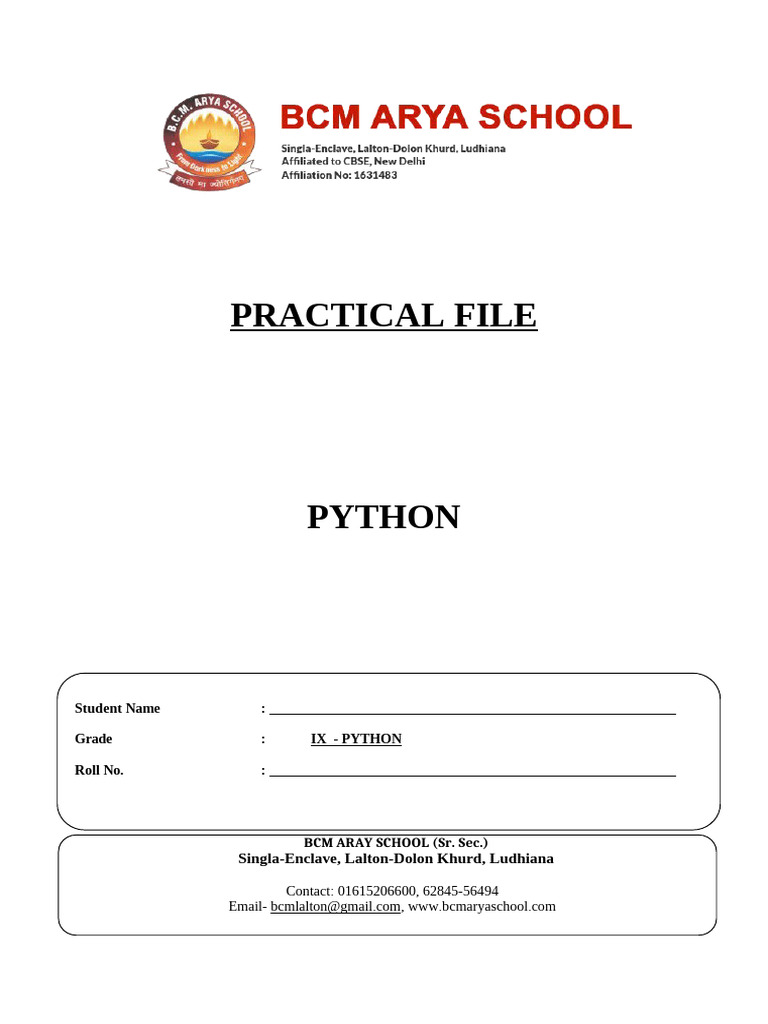 Python Practical File for Class X | PDF | Area | Computer Programming
