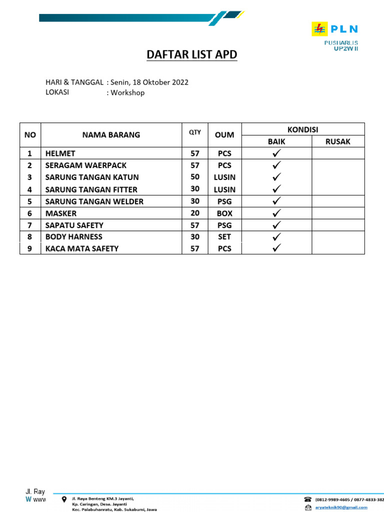 Daftar APD untuk Workshop 18 Oktober | PDF