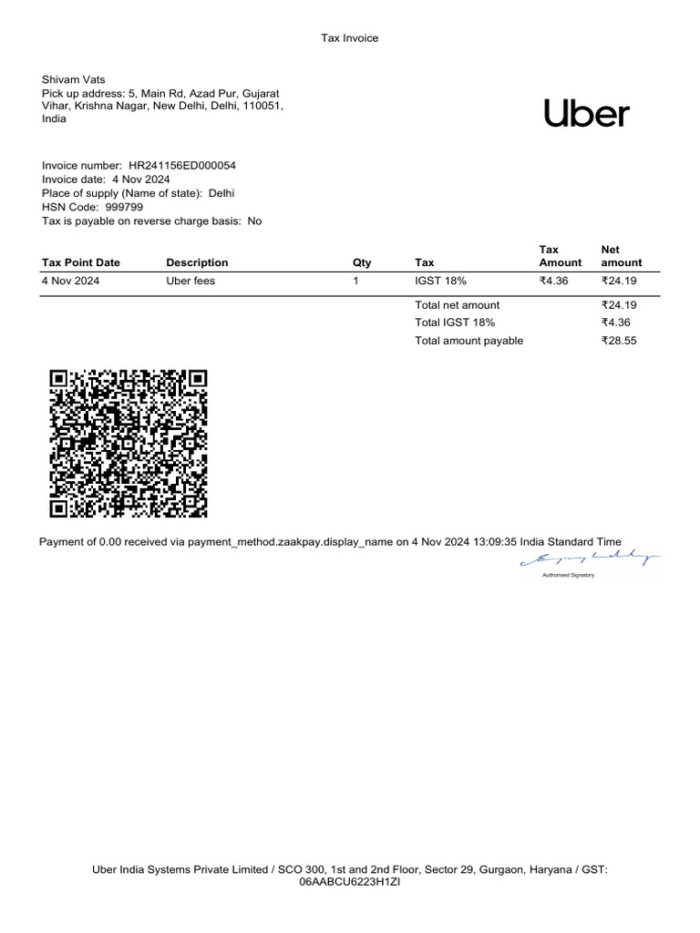 Tax Invoice for Uber Services | PDF