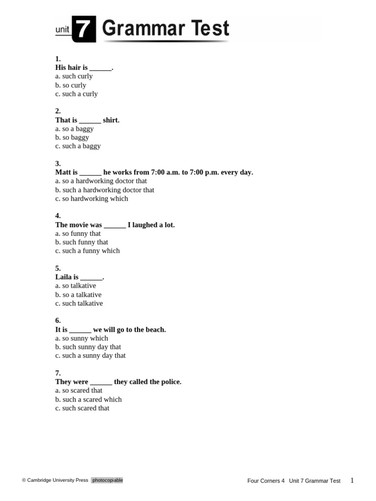Four Corners 4 Unit 7 Grammar Test | PDF | Clothing