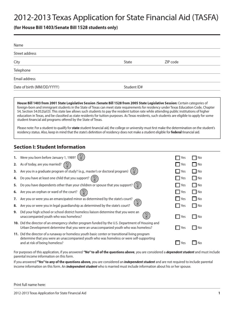 20122013 Texas Application For State Financial Aid (TASFA) (For