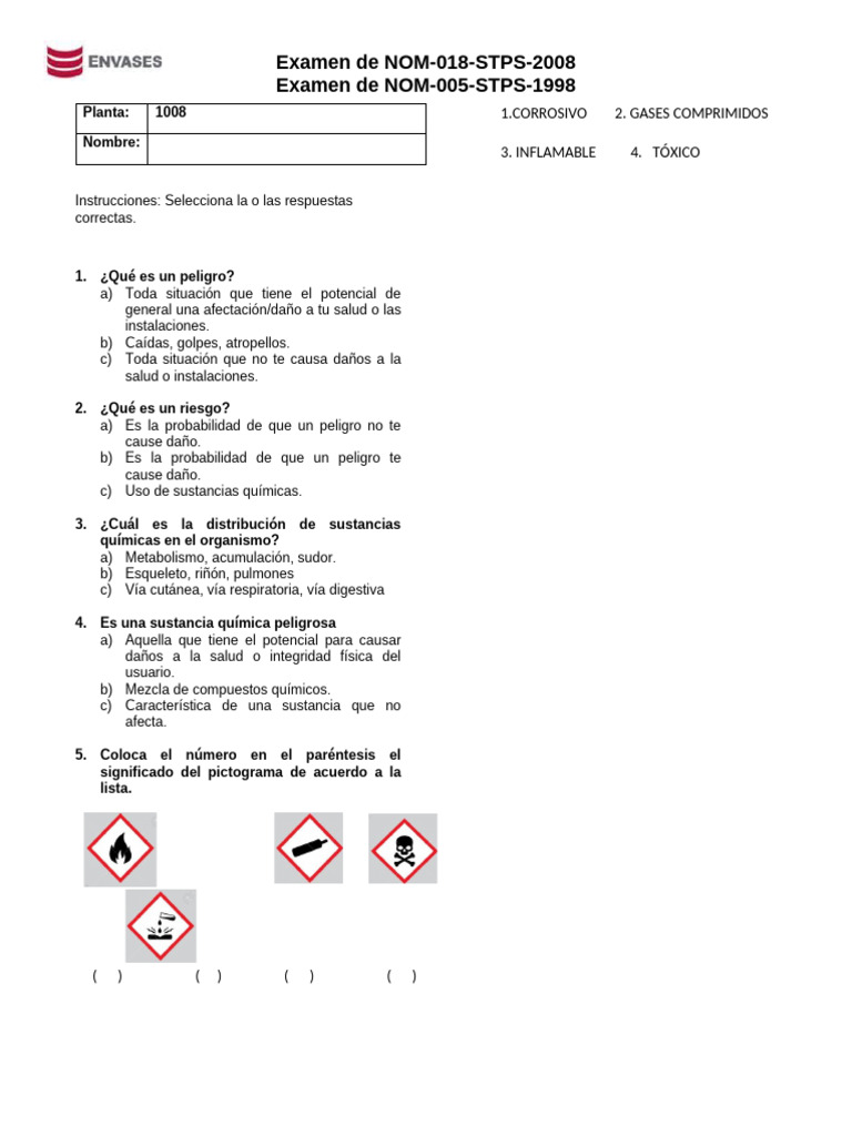 Examen NOM-018 y NOM-005 sobre Seguridad | PDF