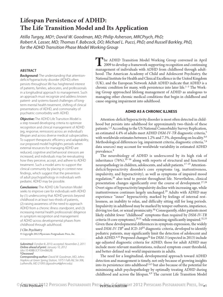 Turgay Goodman 2012 Lifespan Persistence of ADHD JCP | PDF | Attention ...