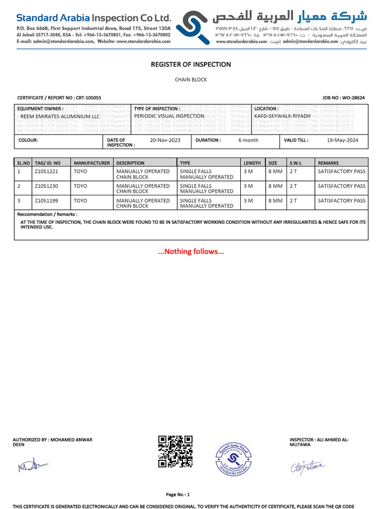 Chain Block Inspection Report CRT-105055 | PDF | Access Control ...
