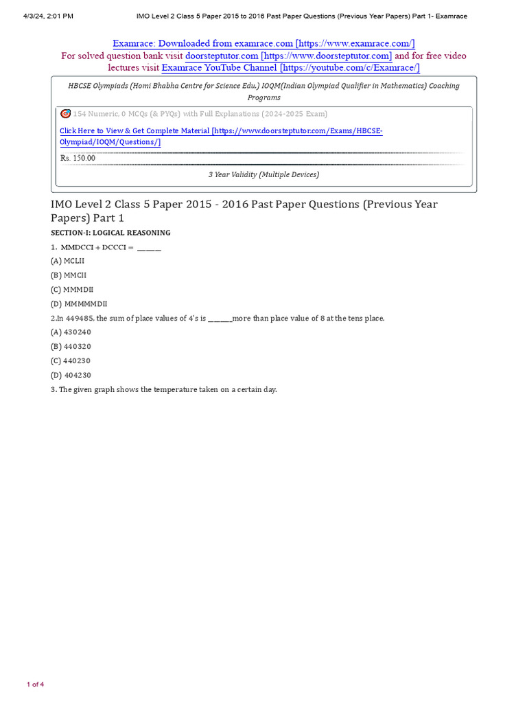 IMO Level 2 Class 5 Past Paper 2015-16 | PDF | Mathematics