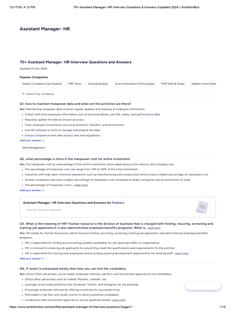 Assistant Manager HR Interview Guide | PDF | Recruitment | Employment