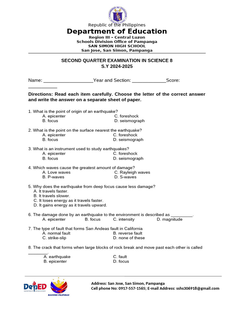 Grade 8 Science Second Periodic Test | PDF | Typhoon | Earthquakes