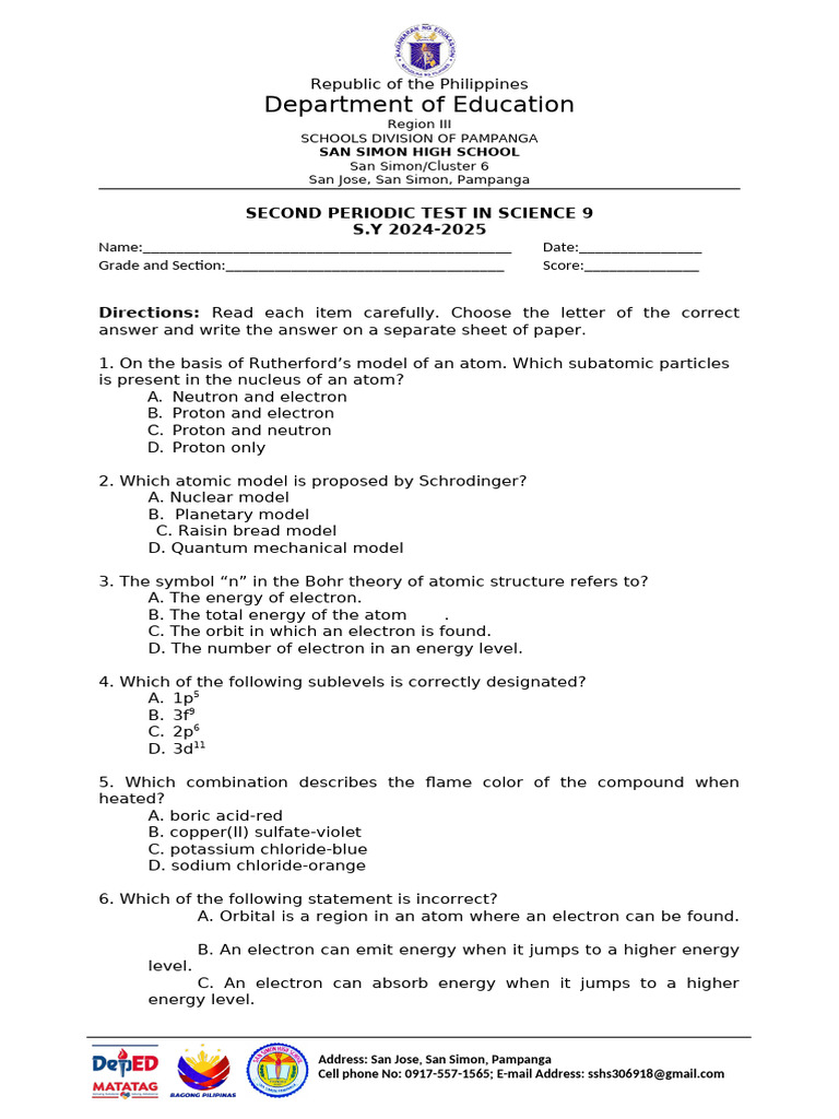 Science 9 Periodic Test Questions | PDF | Chemical Bond | Ion