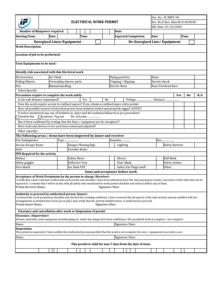 Electrical Work Permit Checklist | PDF | Personal Protective Equipment ...