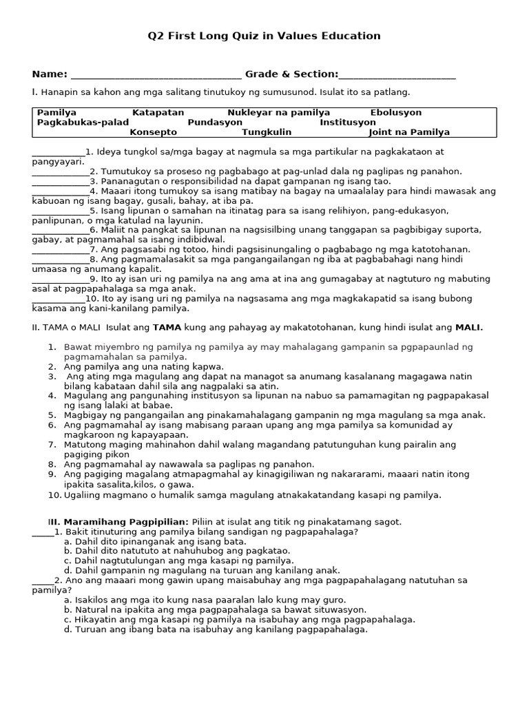 Q2 First Summative Test in Values Education | PDF