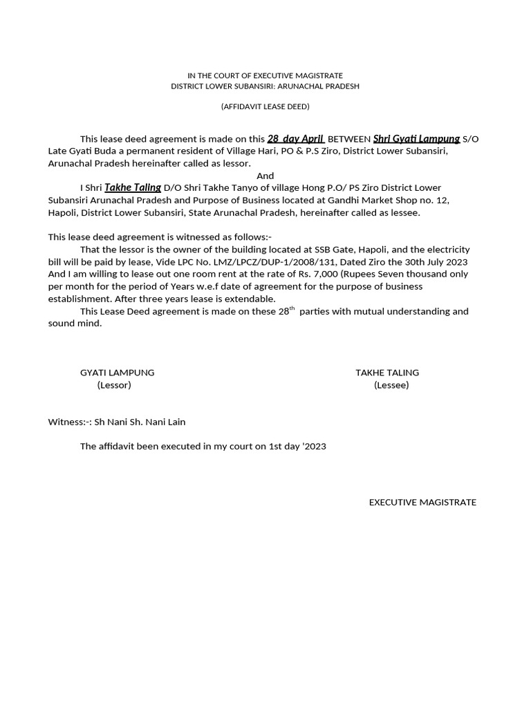 Picture of Lease Agreement in Lower Subansiri | PDF