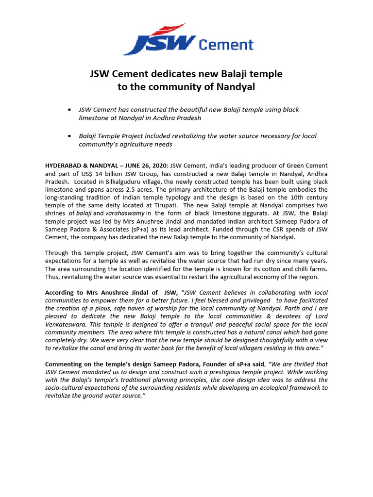 JSW Cement's Balaji Temple in Nandyal | PDF