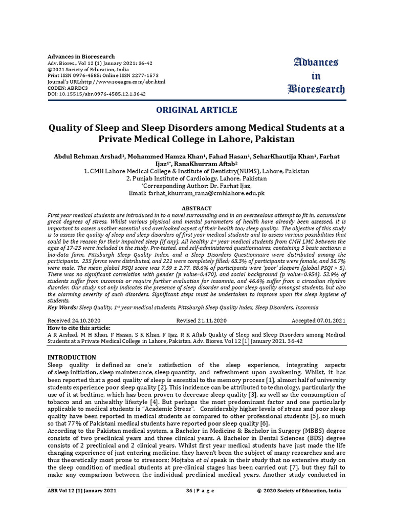 Quality of Sleep and Sleep Disorders Among Medical Students at A ...