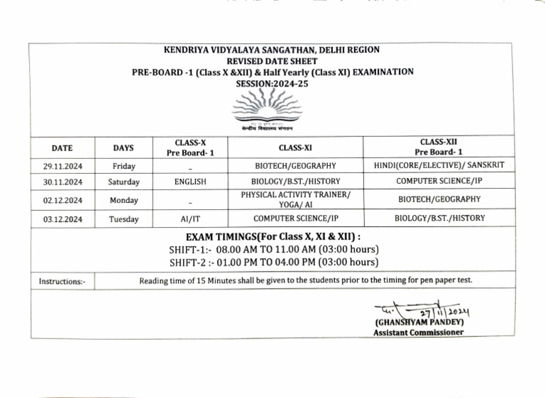 Class X & XII Pre-Board Exam Dates 2024 | PDF