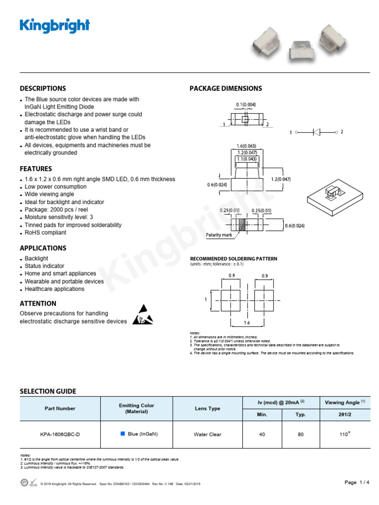 Blue SMD LED KPA-1606QBC-D Datasheet | PDF | Light Emitting Diode ...