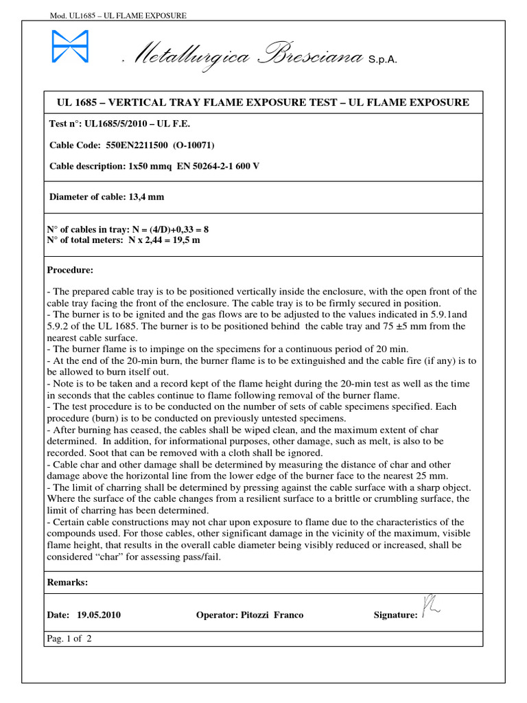 UL 1685 Flame Exposure Test Results | PDF | Smoke | Fires