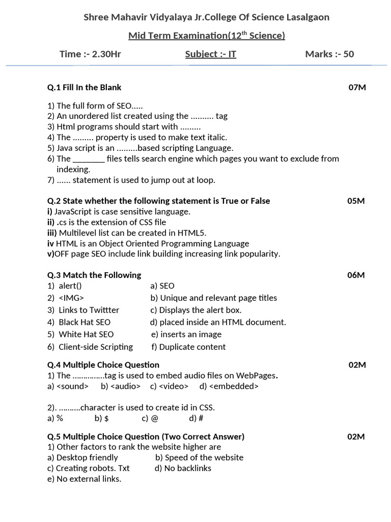 12 Mid Term Final Q Paper 2024-25 | PDF | Search Engine Optimization | Html