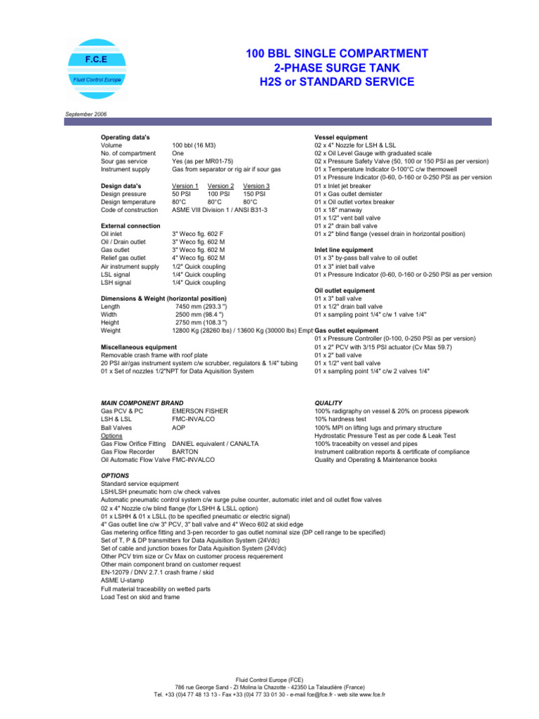 100 BBL Single Compartment Surge Tank | PDF | Valve | Hydraulics