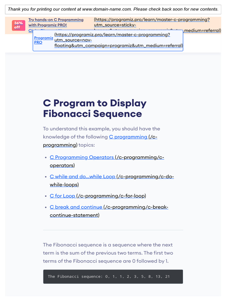 C Program to Display Fibonacci Sequence | PDF | Computer Programming ...