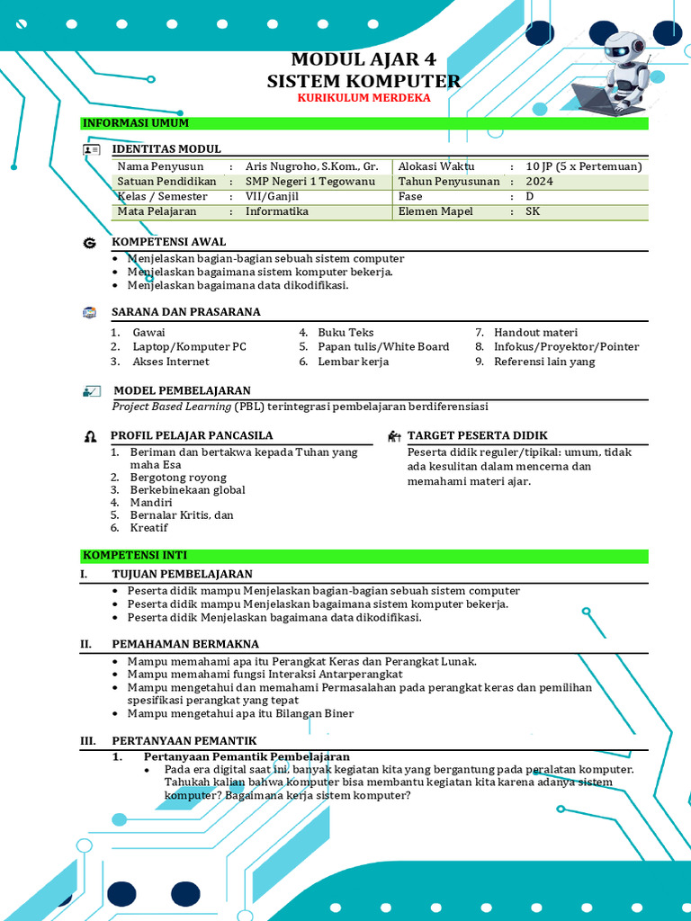 Modul Ajar Sistem Komputer SMP 2024 | PDF