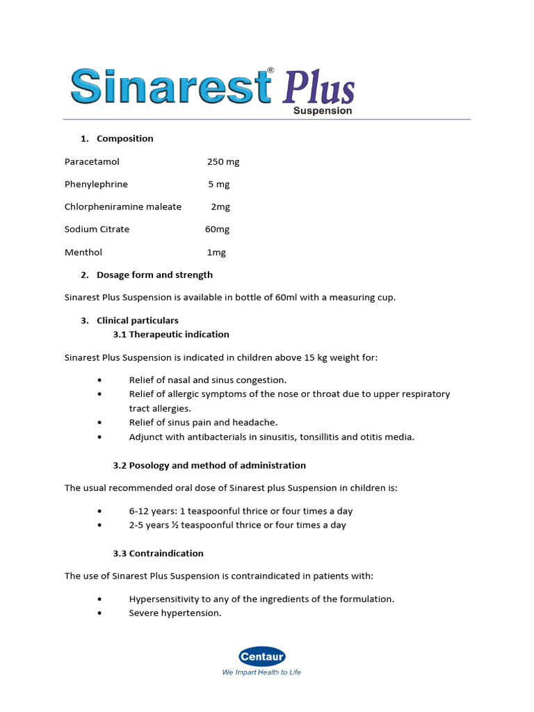 Sinarest Plus Suspension Overview | PDF | Nonsteroidal Anti ...