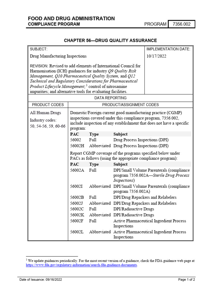 FDA Drug Manufacturing Inspections Guide | PDF | Food And Drug ...